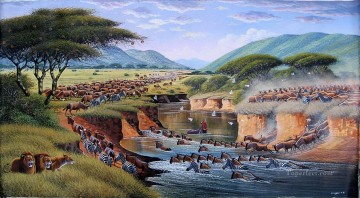 Mugwe cruza el río Mara desde África Pinturas al óleo